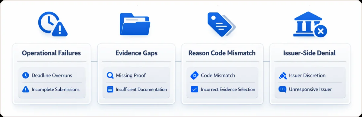 Four categories of chargeback loss reasons: Operational Failures (Deadline Overruns, Incomplete Submissions), Evidence Gaps (Missing Proof, Insufficient Documentation), Reason Code Mismatch (Code Mismatch, Incorrect Evidence Selection), Issuer-Side Denial (Issuer Discretion, Unresponsive Issuer)