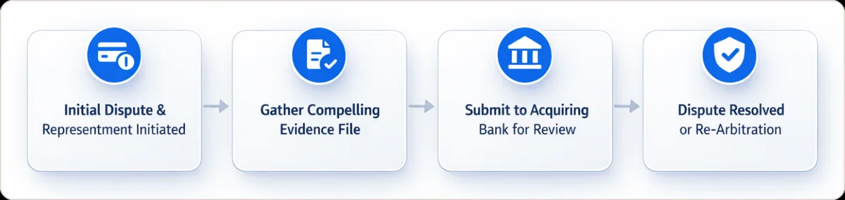 Chargeback representment process overview showing four steps: Initial Dispute & Representment Initiated, Gather Compelling Evidence File, Submit to Acquiring Bank for Review, Dispute Resolved or Re-Arbitration