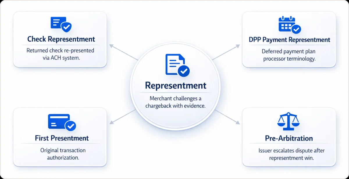 Diagram showing Representment at center with related terms: Check Representment (Returned check re-presented via ACH system), DPP Payment Representment (Deferred payment plan processor terminology), First Presentment (Original transaction authorization), Pre-Arbitration (Issuer escalates dispute after representment win)