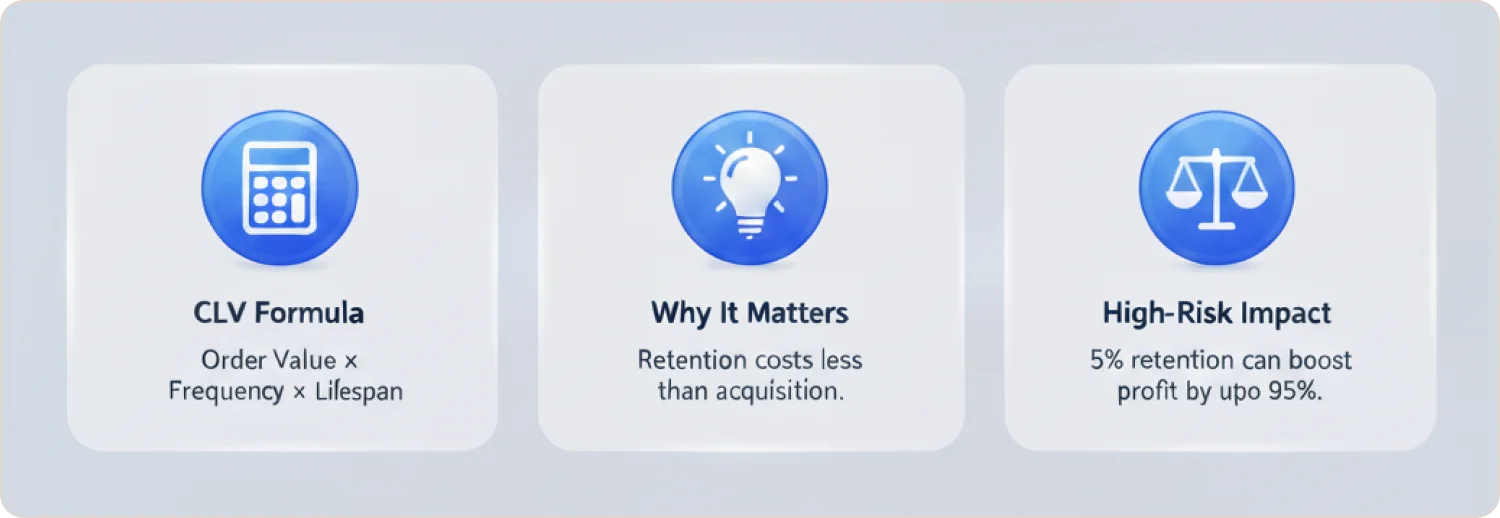 Customer Lifetime Value breakdown showing CLV Formula (Order Value × Frequency × Lifespan), Why It Matters (Retention costs less than acquisition), and High-Risk Impact (5% retention can boost profit by up to 95%)