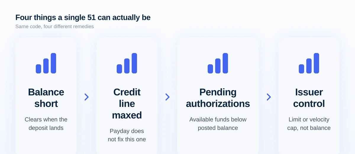Four causes behind one code 51: a short available balance, a credit line at its limit, pending holds, and an issuer or debit control.
