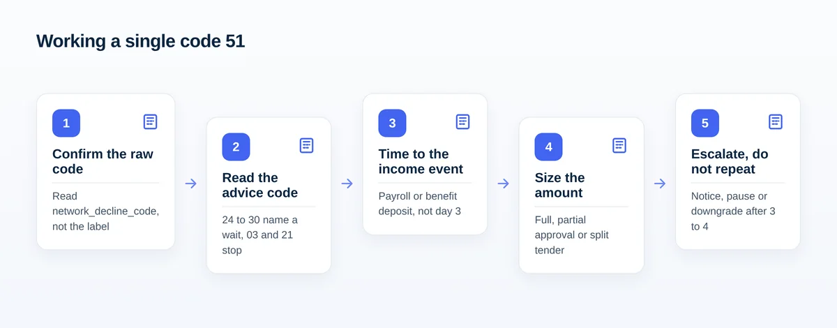 Five-step flow for handling a code 51 rebill: confirm the raw code, read the advice code, time the retry, size the amount, then escalate.