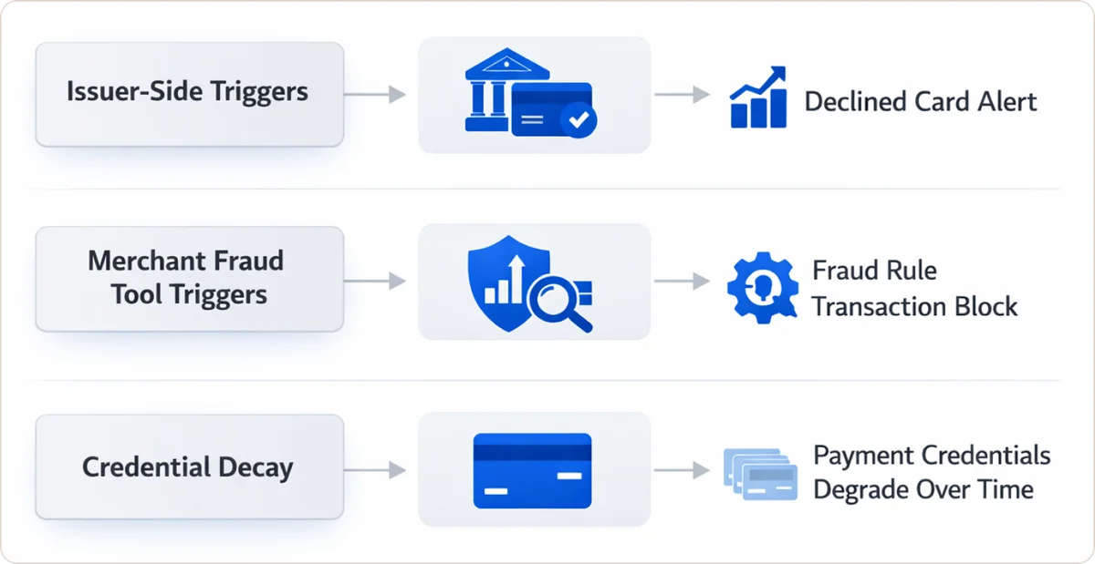 Three sources of false declines: Issuer-Side Triggers leading to Declined Card Alert, Merchant Fraud Tool Triggers leading to Fraud Rule Transaction Block, and Credential Decay leading to Payment Credentials Degrade Over Time