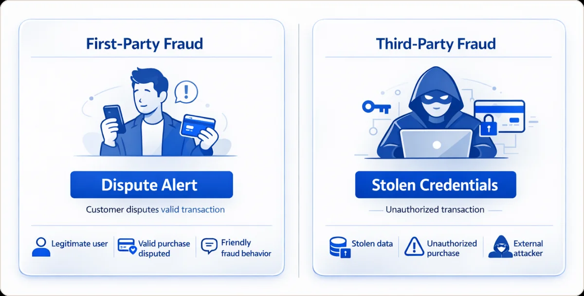 Side-by-side comparison of First-Party Fraud (legitimate user disputing valid purchase) and Third-Party Fraud (stolen credentials, unauthorized transaction)