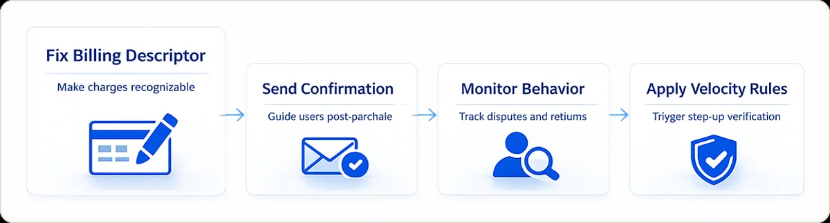 Four-step friendly fraud prevention: fix billing descriptor, send confirmation email, monitor return behavior, and apply promotional velocity rules