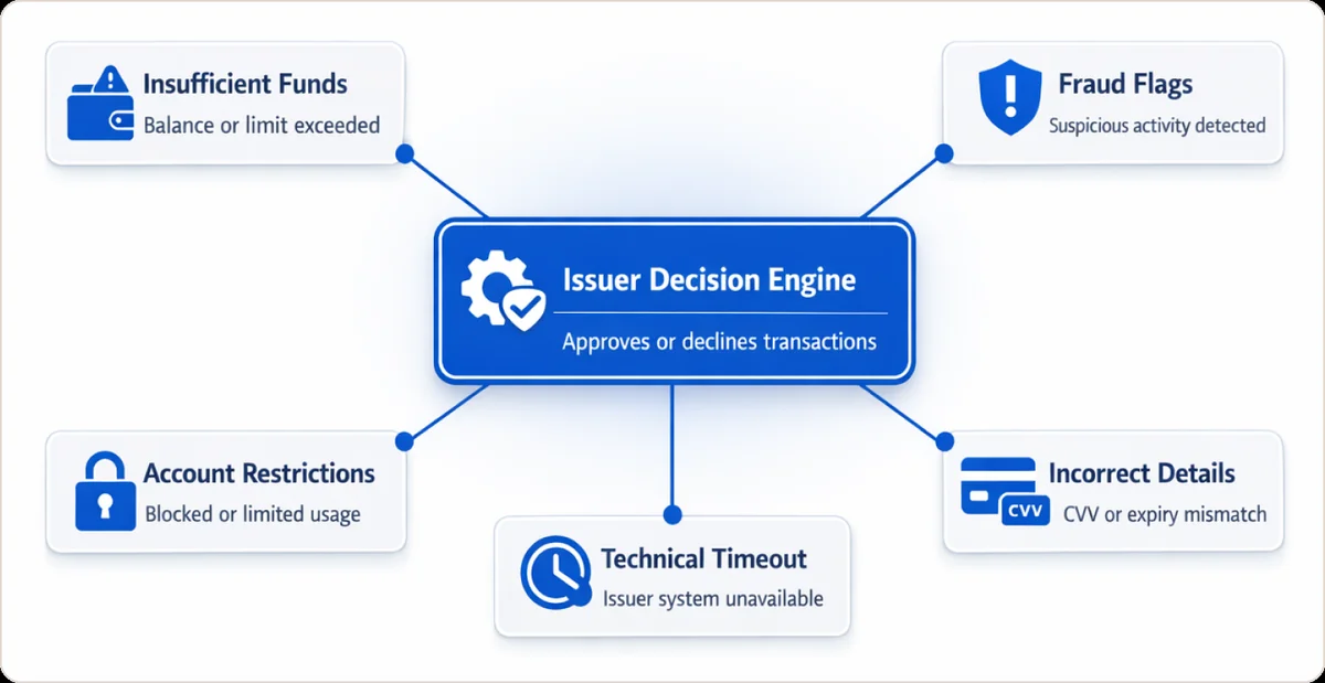 Issuer decision engine diagram showing five reasons for decline: insufficient funds, fraud flags, incorrect details, account restrictions, and technical timeout