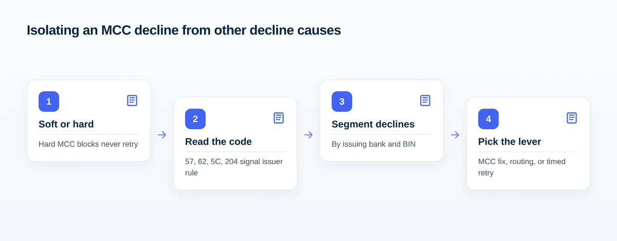 Four-step flow: classify soft vs hard, read the network code, segment by issuer and BIN, then pick the matching lever.