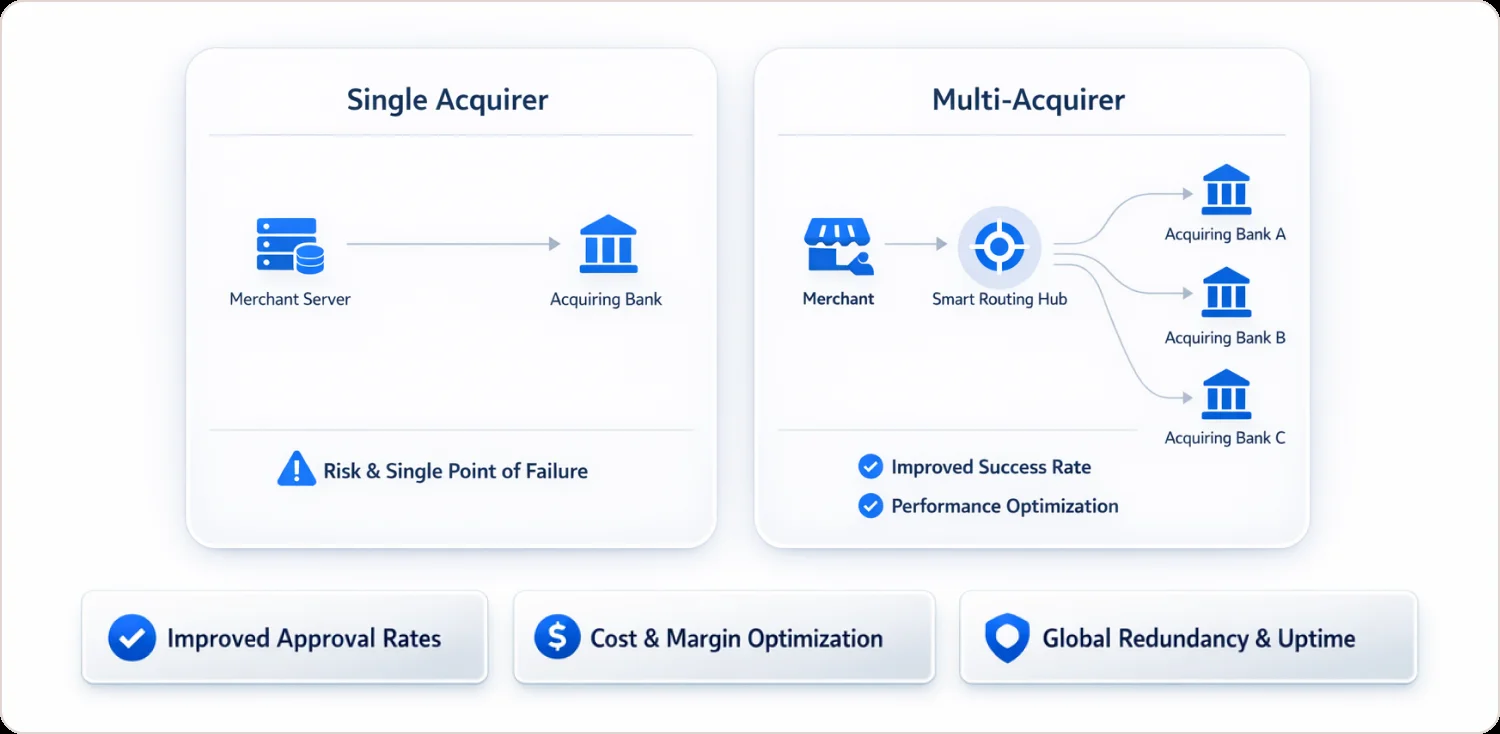 Single Acquirer vs Multi-Acquirer comparison diagram showing merchant routing to multiple acquiring banks with improved approval rates, cost optimization, and global redundancy