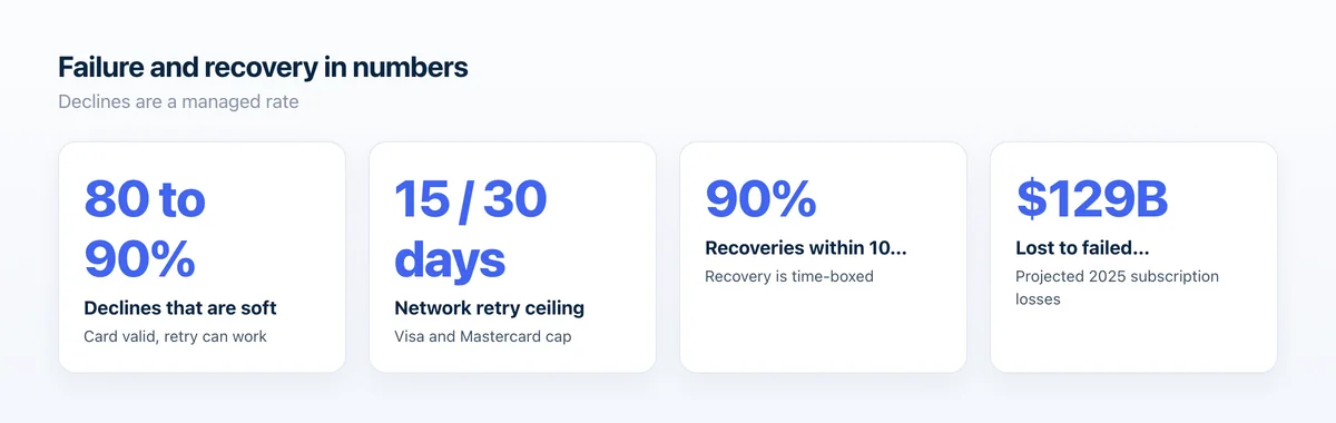 Most declines are soft and recoverable, but retries are capped at 15 per 30 days and 90% of recoveries land within 10 days.
