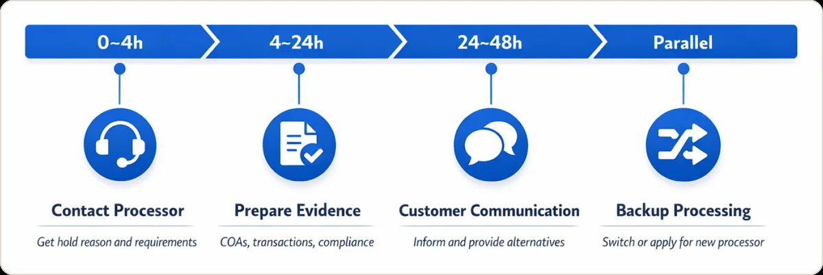CBD merchant account freeze response timeline: 0-4h contact processor, 4-24h prepare evidence, 24-48h customer communication, parallel backup processing