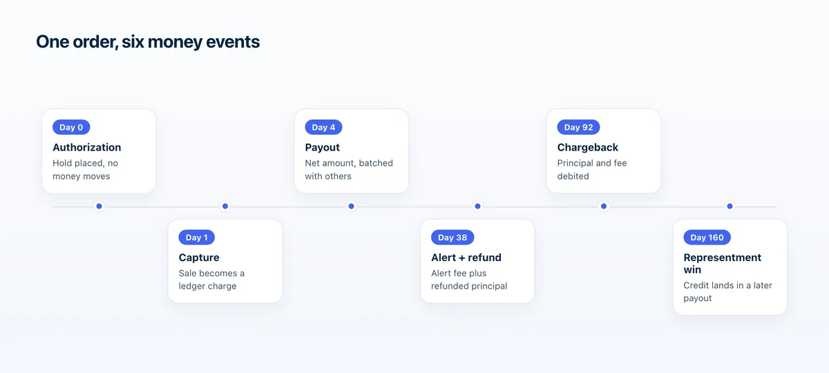Timeline of one subscription order producing six money events across roughly five months, each landing in a different payout period.