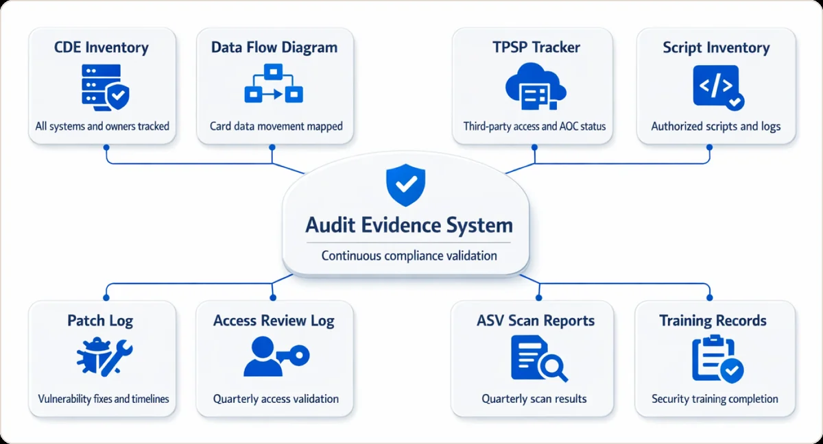Audit Evidence System showing eight components: CDE Inventory, Data Flow Diagram, TPSP Tracker, Script Inventory, Patch Log, Access Review Log, ASV Scan Reports, Training Records